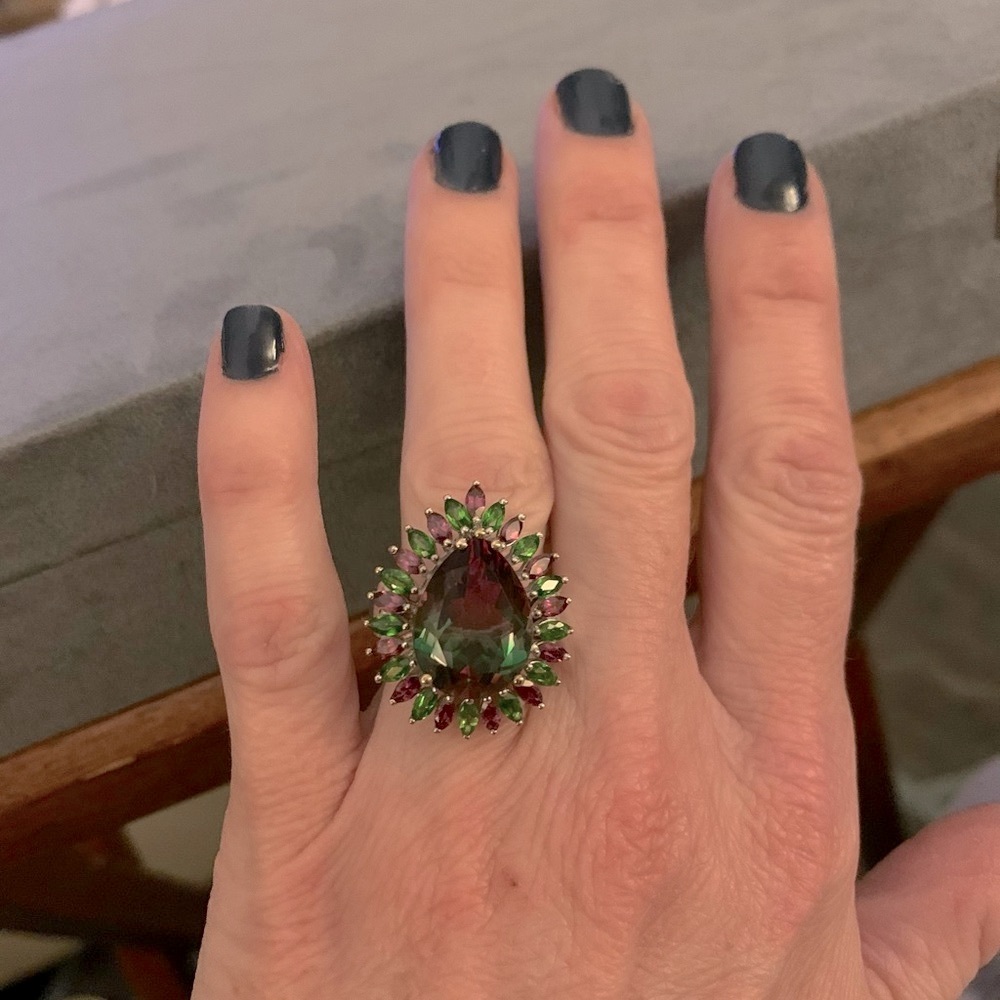 GENUINE WATERMELON QUARTZ 🍉GORGEOUS STATEMENT RING!! 
PLATINUM over 925 SILVER - Picture 2 of 7